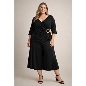 GEORGE STRETCH Womens Black Wrap Top Wide Leg Cropped‎ Pants Set XL